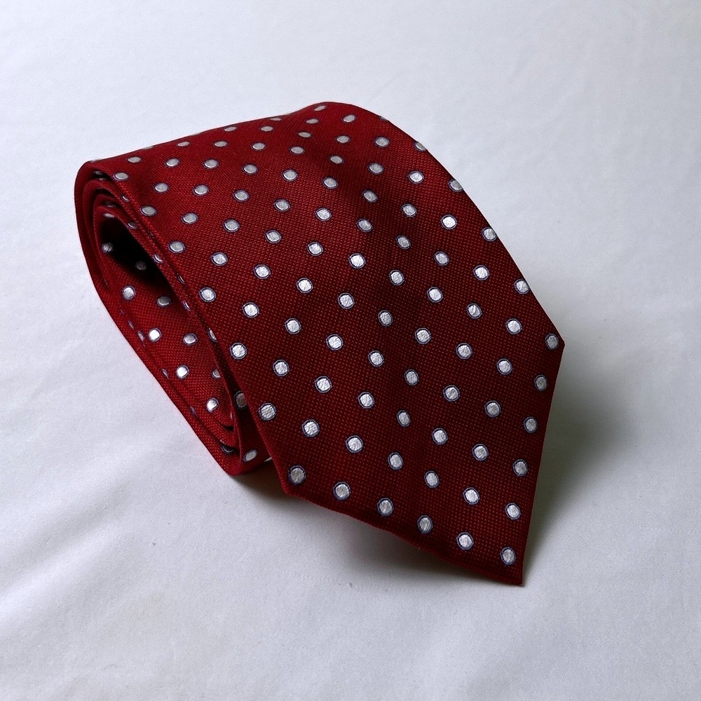 Tasso Elba Mens Polka Dot Silk Hand Made Necktie OS Burgundy Red Preppy Formal